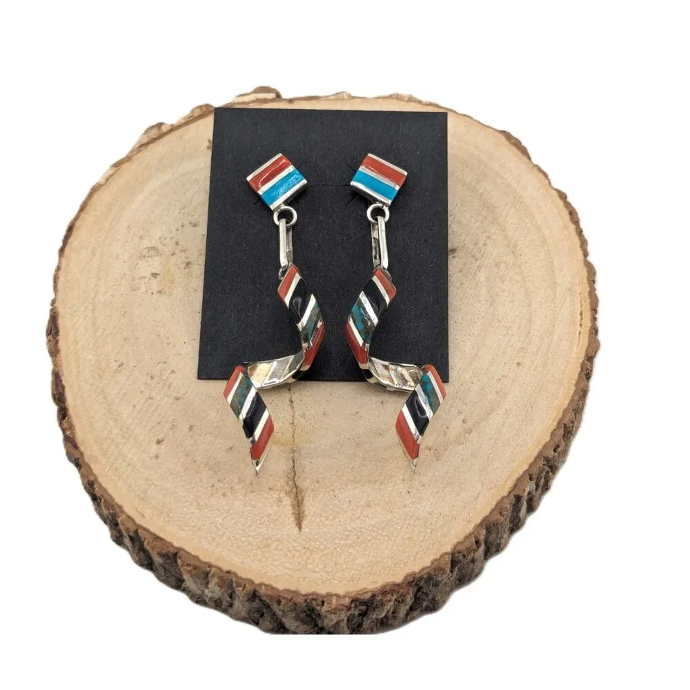 Authentic Zuni‎ Spiral Multi Stones Inlay Dangle Earrings Handmade NA Jewelry**
